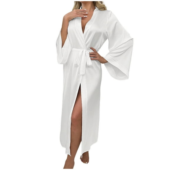 Women's Soft Robes BeltedLightweight Long Robe Nightgown Sleepwear Full Length Ladies Kimono Spa Robes Loungewear (S, White)