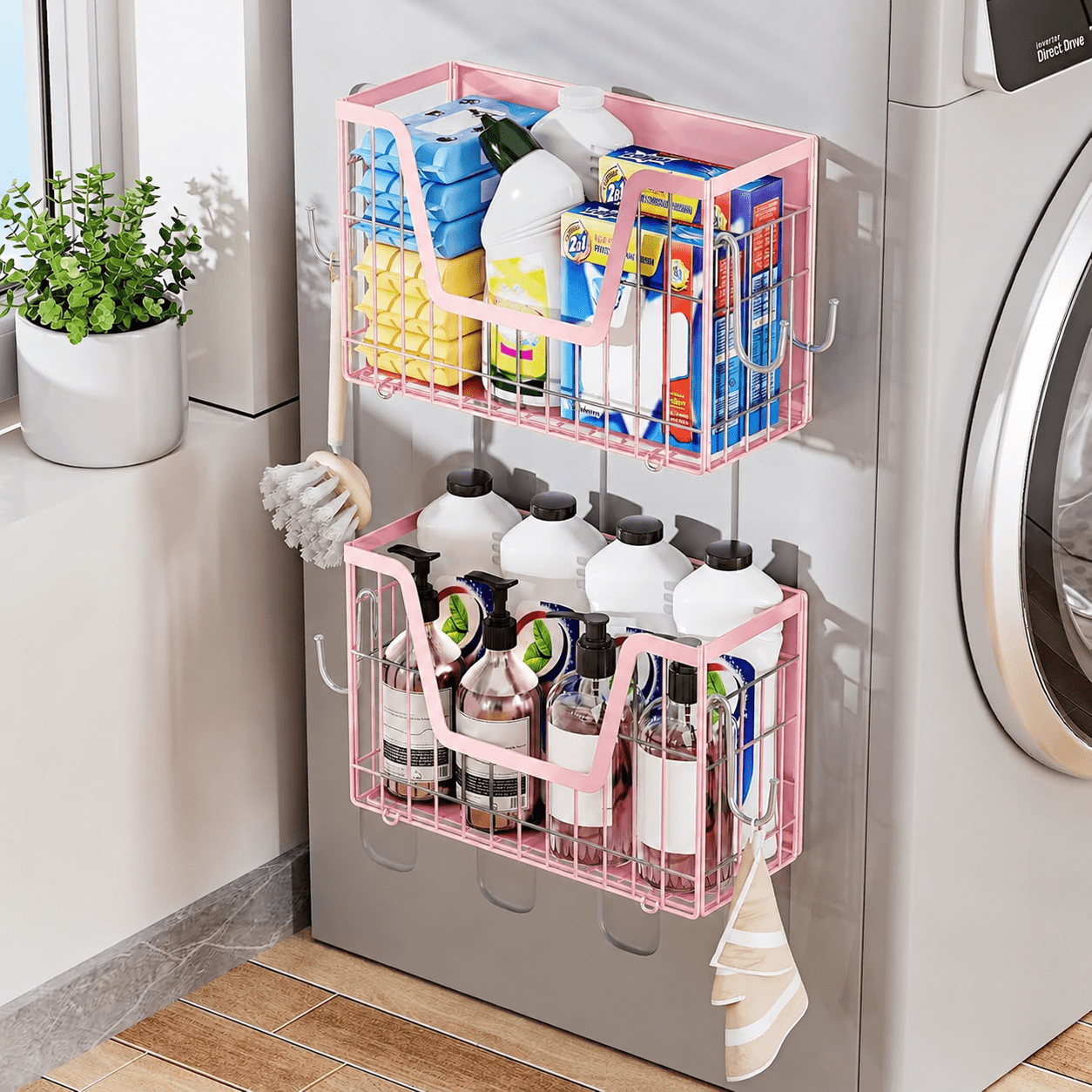 Pink Magnetic Shelf for Fridge, Fruit Potato and Onion Storage Bins, Magnetic Spice Rack Shelves for Side of Refrigerator, Fruit Basket Magnetic Fridge Shelf Kitchen Pantry Storage Organizer