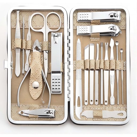 shiyou-Manicure Set - 19 in 1 Professional Nail Clippers Pedicure Kit, Manicure Tool Kit, Stainless Steel Facial Grooming Set Kit, Gift Idea for Women, Men, Girls, Teens, Beige