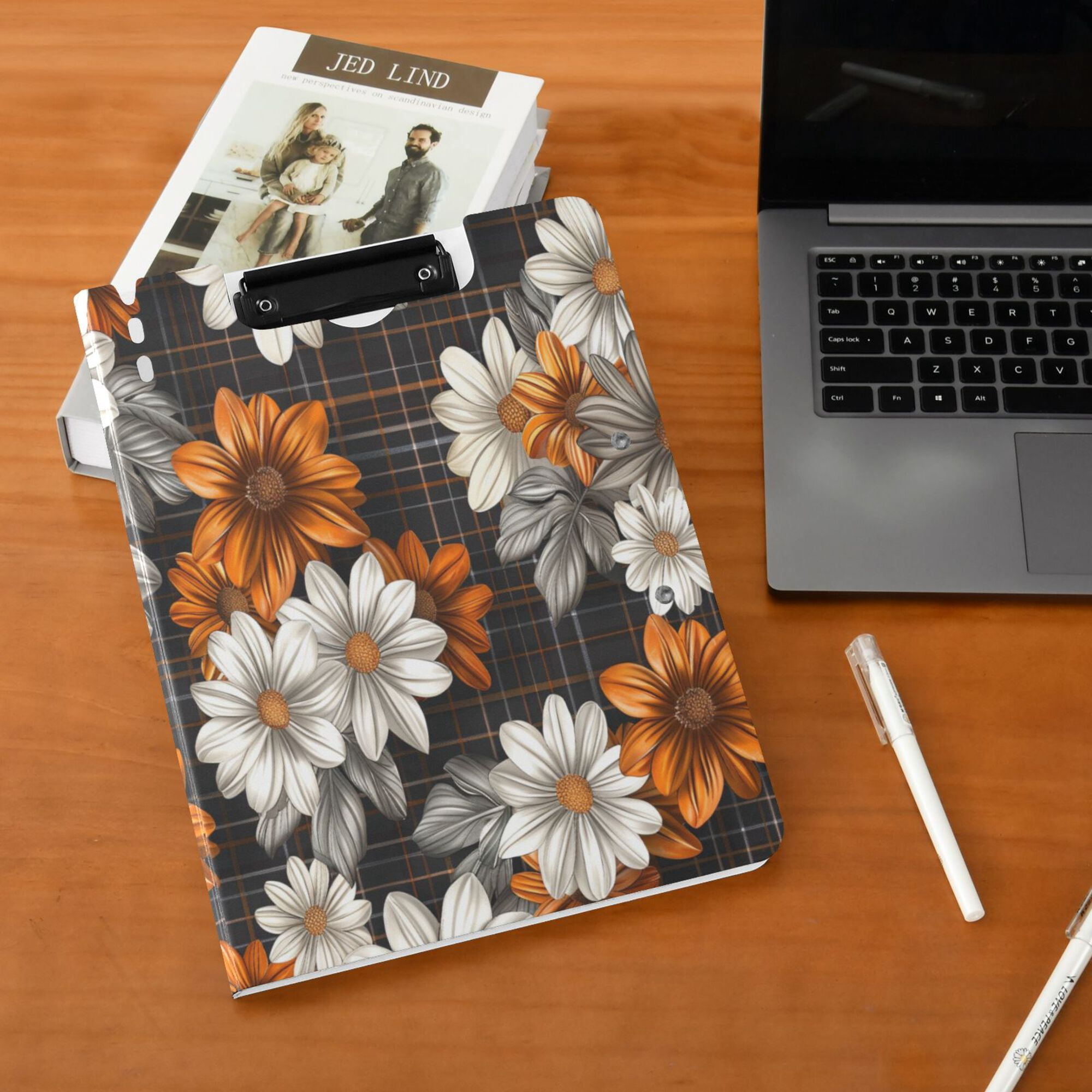 FORMRS A4 Clipboard Folder with Pen Holder Horizontal Foldable School Office Binder, Black Plaid Floral