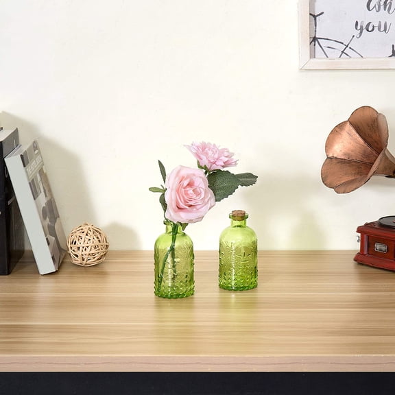 MyGift Set of 2 Embossed Green Glass Bottles with Cork Lids – Vintage Decorative Vases for Flowers, Spices & Oils