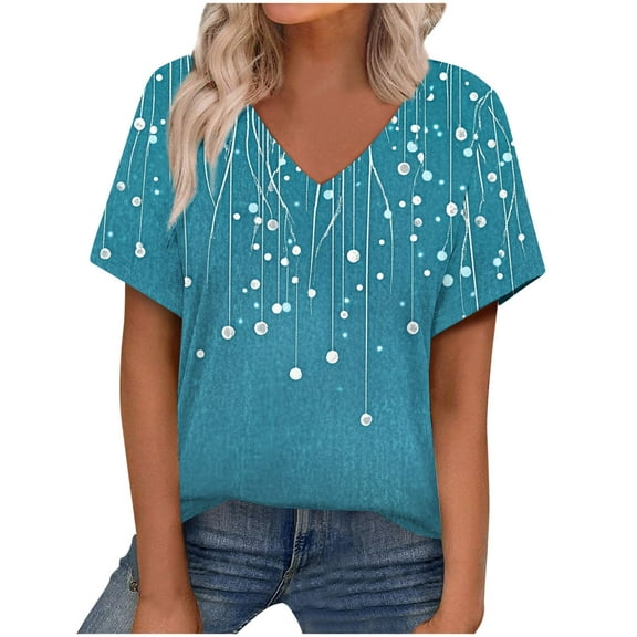 Womens Tops Short Sleeve Women's Fashion Casual Printed Short-Sleeved V-Neck T-Shirt