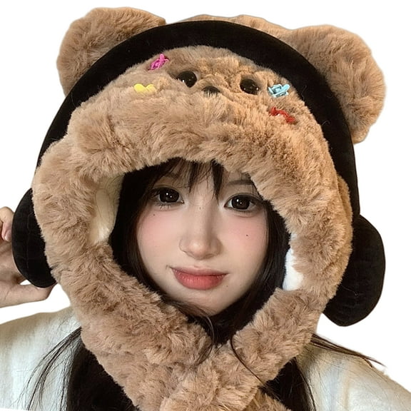 Thicken Liner Ear Muffs Hat for Girls Women Plush Bear Hat Cold Weather Trapper Hat Outdoor Hiking Skiing Accessories