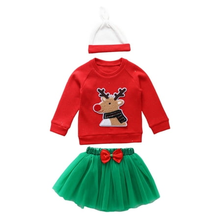

Calsunbaby 3PCS Toddler Infant Baby Girls Christmas Clothes Set Red Applique Pattern Round Collar Pullover Green Yarn Skirt and Cap