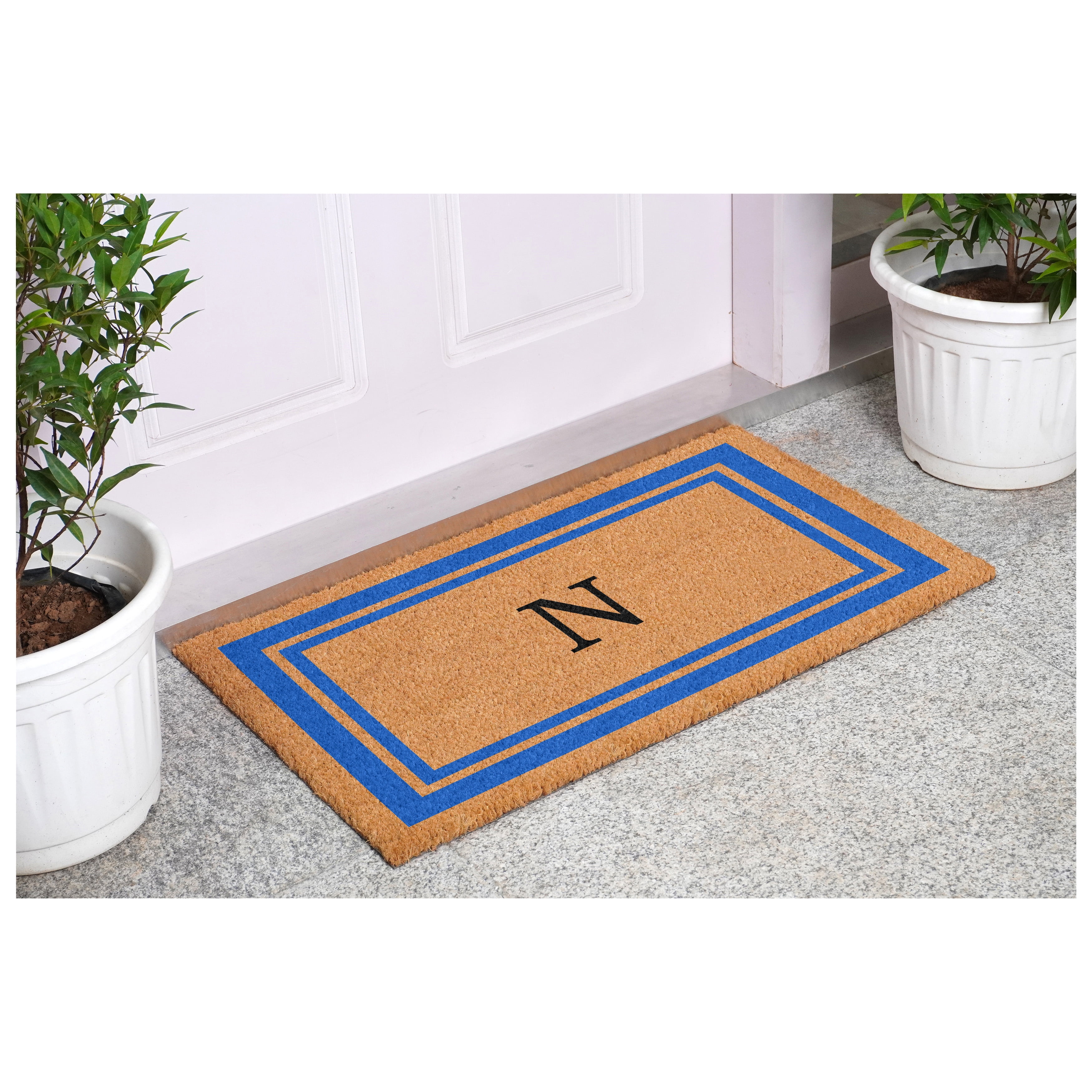 Blue Border Monogram Doormat (Letter N)
