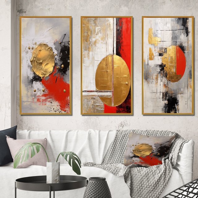 Designart "Lunar Redemption Abstract in Gold and Red III" Abstract Painting Framed Wall Art Set Of 3 - Gold Modern Frame Gallery Set For Office Decor