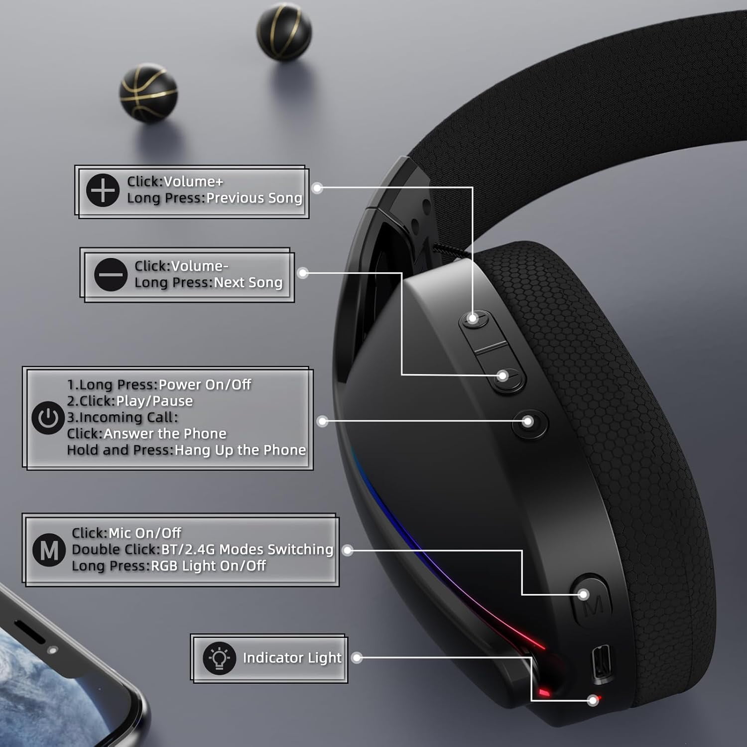 ATTACK SHARK L90 Ultralight RGB Wireless Gaming Headset with Plug-in Microphone,Bluetooth 5.3 & 2.4G Wireless & Wired Headphone, 7.1 Surround Sound for Xbox One Series, PS4,PS5 & PC (Black)