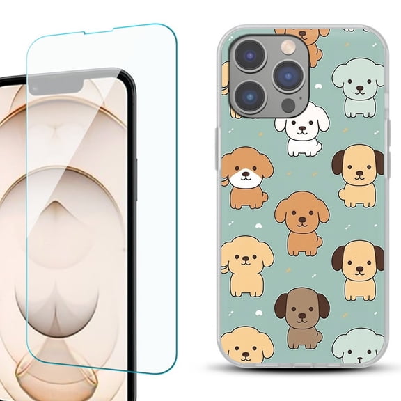 OneToughShield ® for iPhone 15 Pro Max Shockproof Fashion Phone Case, with Tempered Glass Screen Protector - Puppies