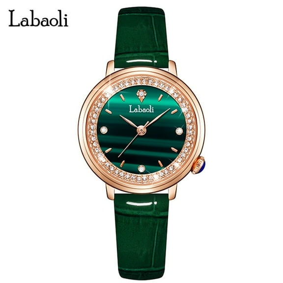 EXPLOJOY Women's Green Quartz Watch – Leather Strap, Waterproof, Diamond Accents, Elegant Style