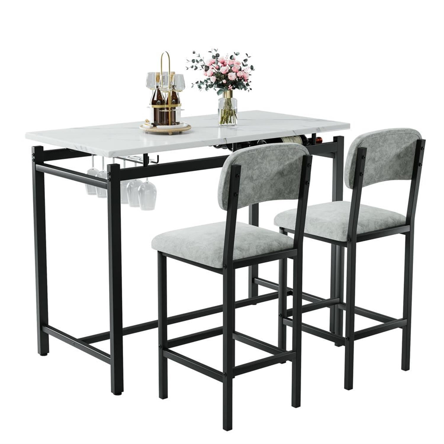 Demi Bonn 3-Piece Dining Table Set with 2 Upholstered Chairs, Rustic Kitchen Bar Table Furniture Sets for Dining Room, Apartment, Black
