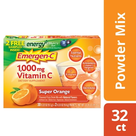 Emergen-C BONUS (30 Count, Super Orange Flavor, 1 Month Supply and 2ct Bonus Energy) Dietary Supplement Fizzy Drink Mix with 1000mg Vitamin C,
