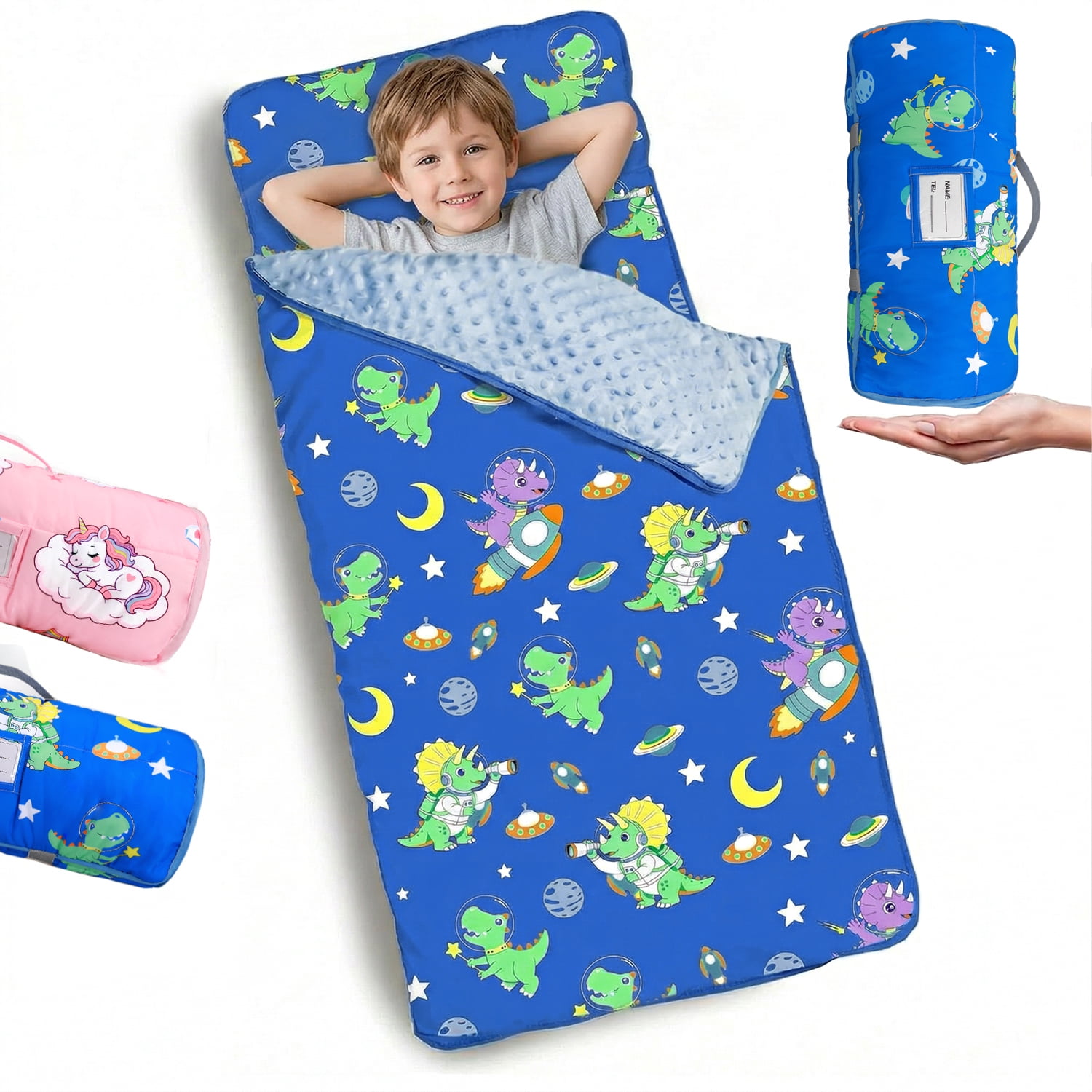 Teblint Thickened Toddler Nap Mat with Removable Pillow & Minky Blanket, 51''x20'' Sleeping Bag, Washable, Roll up, Perfect for Daycare, Preschool, Kindergarten, Boys and Girls Blue