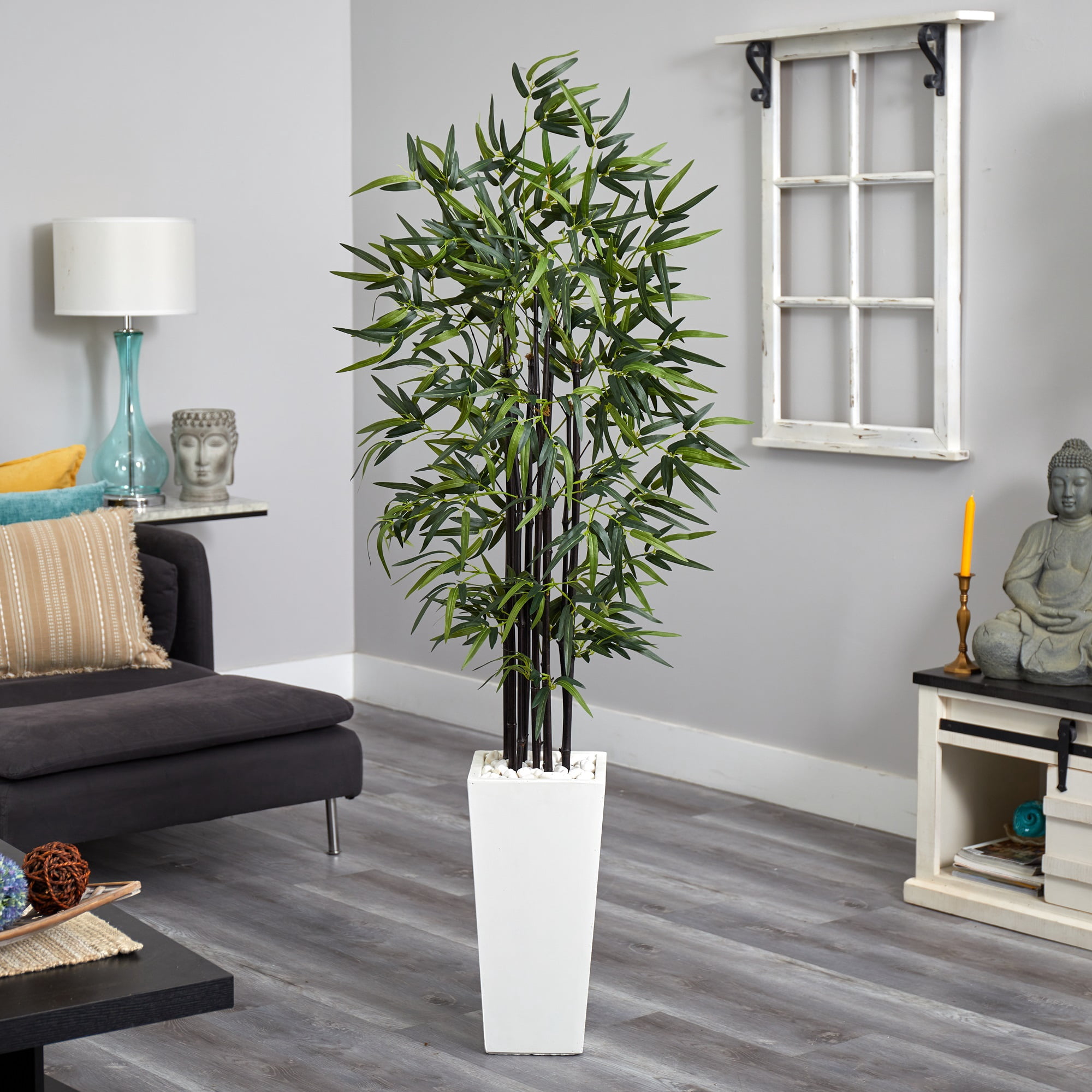 Nearly Natural 5.5' Plastic/Polyester Black Bamboo Artificial Plant in Planter, Green