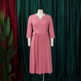 thumbnail image 3 of AURA Womens V Neck Pleated Midi Dress Puff Sleeve High Waist A Line Elegant Work Office Fall Dress with Zipper, 3 of 10