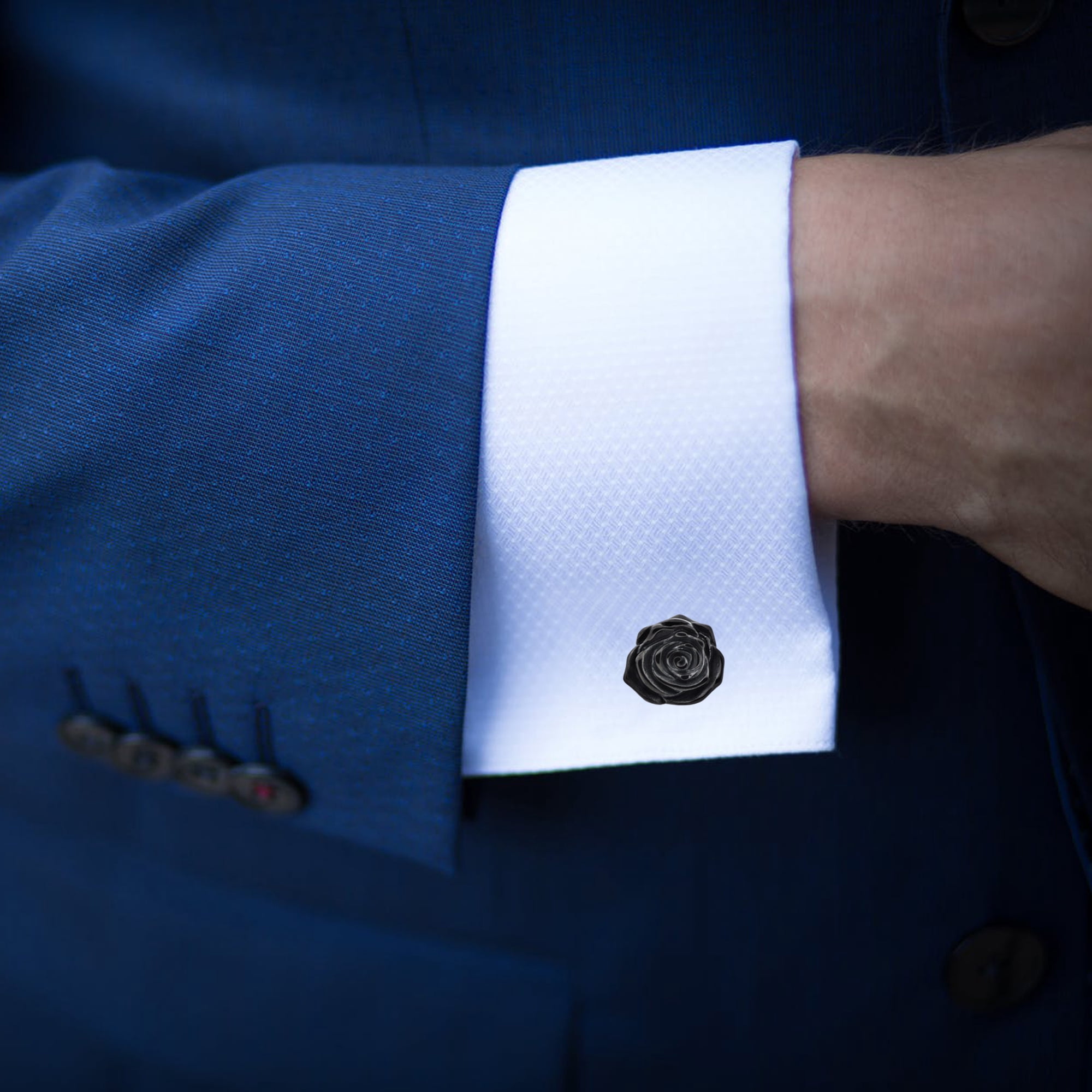 Mens Black Plated Stainless Steel Rose Cuff Links