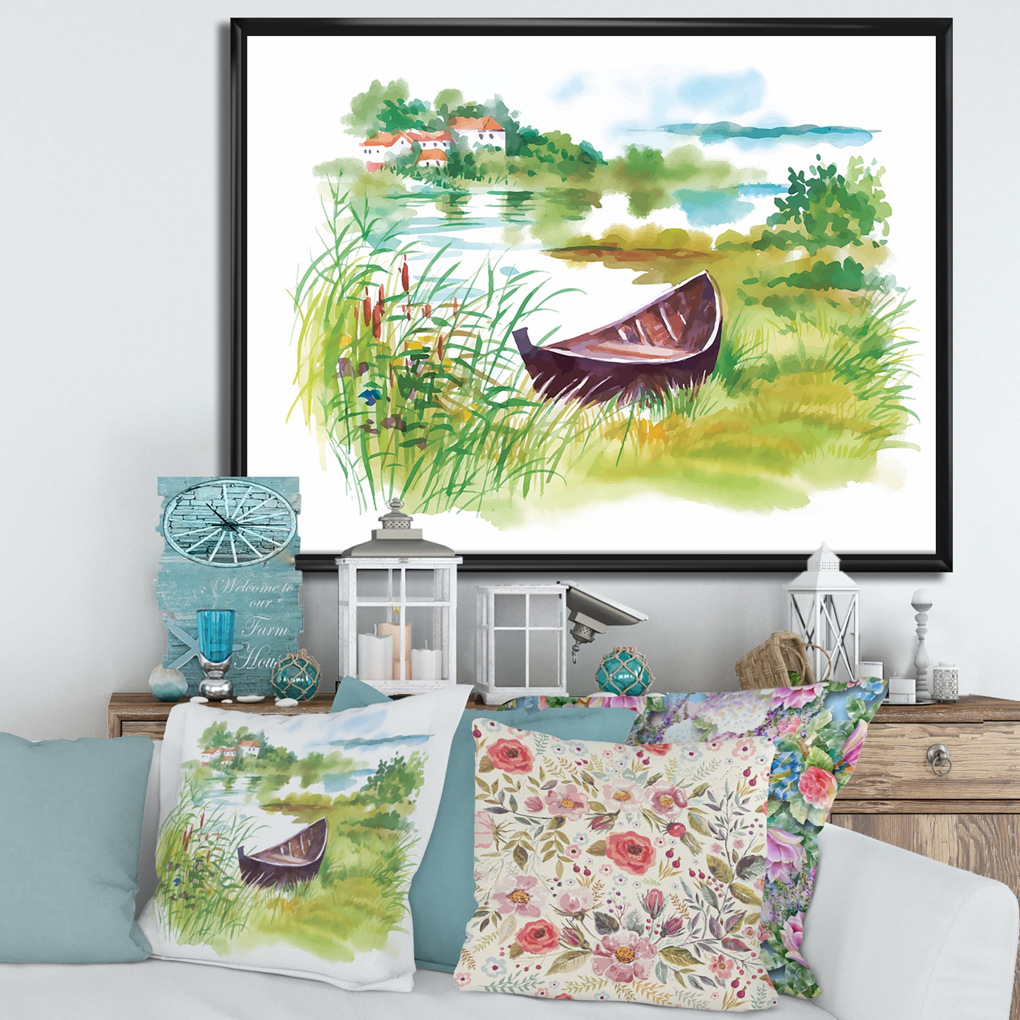 Designart 'Rural Green Landscape With Boat In Lake' Lake House Framed Canvas Wall Art Print