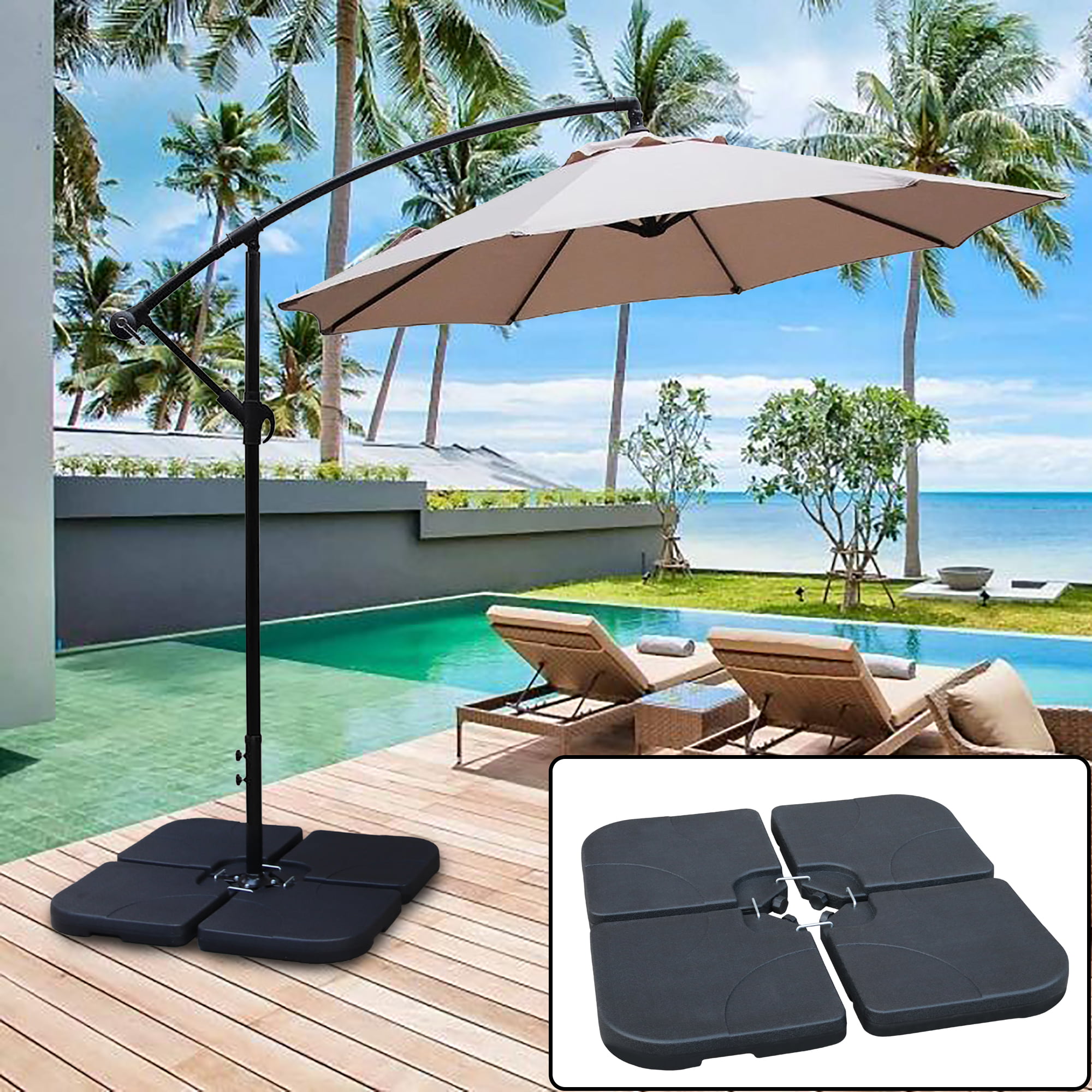 4-Piece Cantilever Offset Patio Round Umbrella Stand Square Base Plate Set Fills Up to 200lbs w//Carry Handles Black