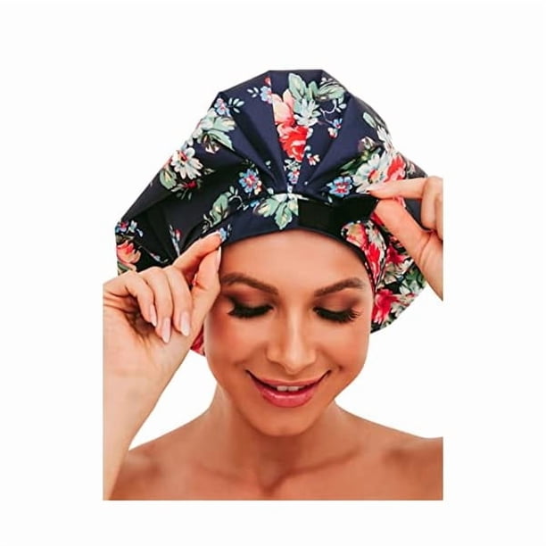 wonima11 Shower Cap for Women, Large Shower Cap for Long Hair Jumbo Adjustable Reusable Shower Caps Waterproof Bath Cap(Navy Blue)
