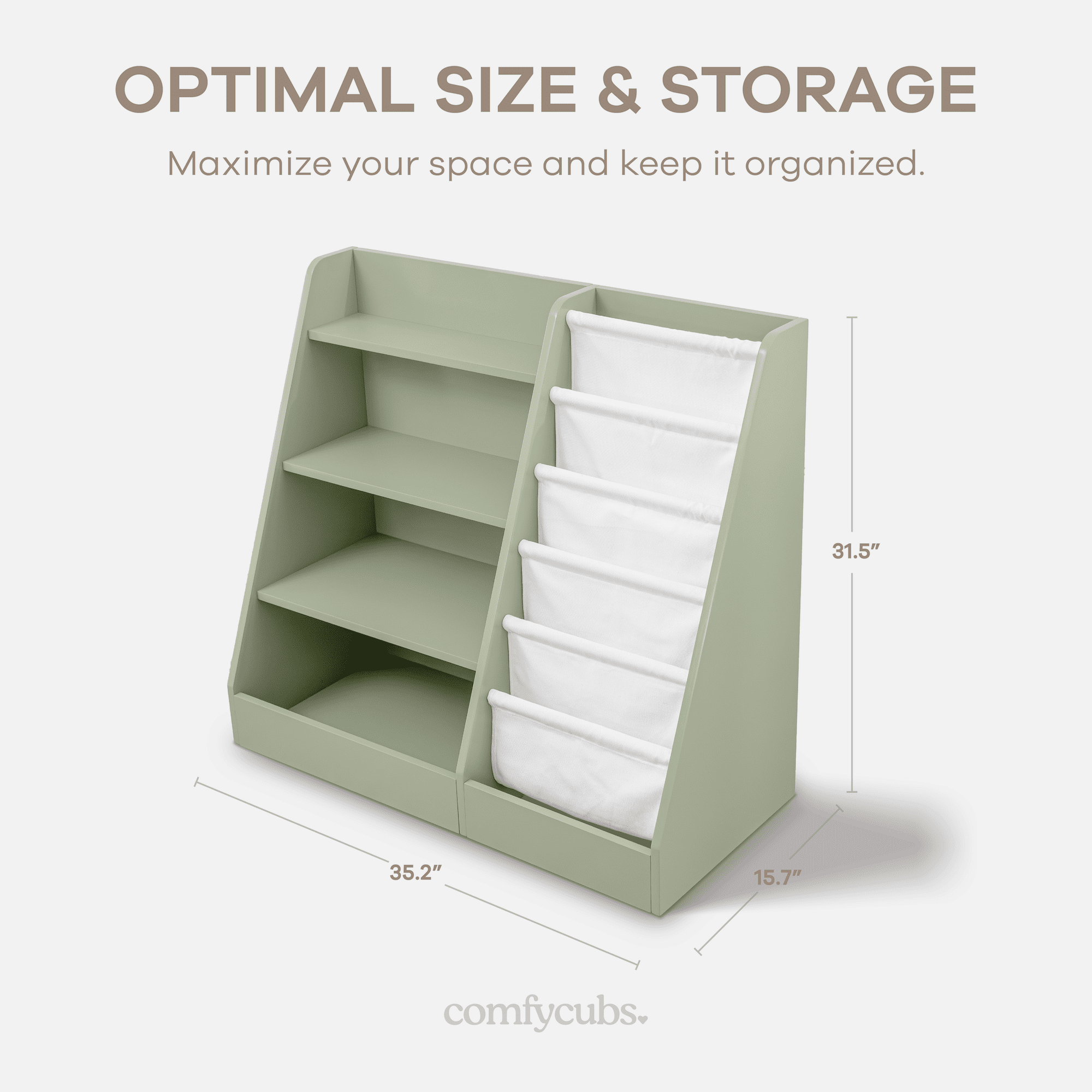 Comfy Cubs Kids Bookshelf 35.2 x 15.7 x 31.5 in - Montessori Book Shelf Storage Organizer - Sage