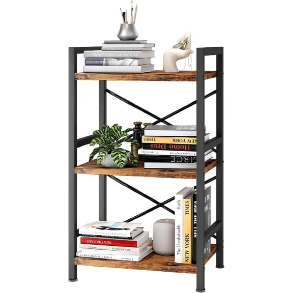 Bookshelf, 3 Tier Industrial Bookcase, Metal Small Bookcase, Rustic Etagere Book Shelf Storage Organizer for Living Room, Bedroom, and Home Office(Rustic Brown)