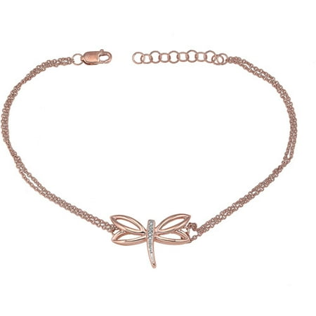 Diamond Accent 14kt Rose-Tone Sterling Silver Dragonfly Bracelet with Lobster Catch, 7 with 1 Extender
