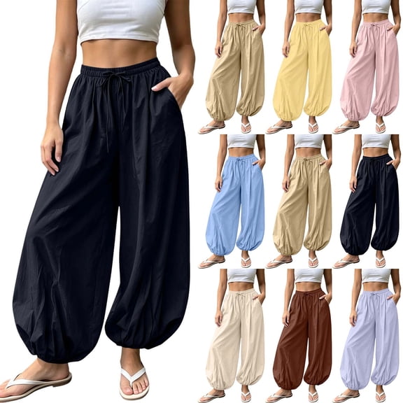 Womens Balloon Pants Wide Leg Barrel Pants Baggy Trousers Elastic Waist Casual Lounge Travel Pants with Pockets Black S(S)