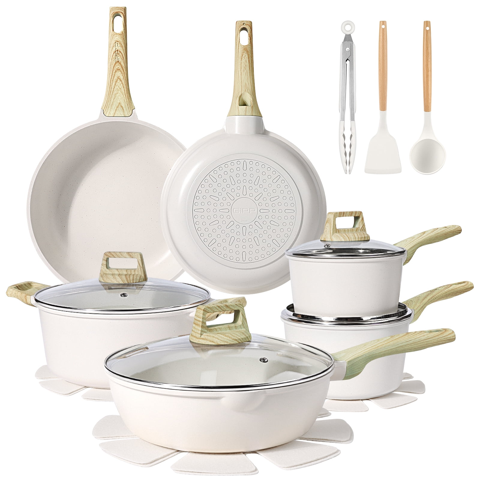 GIPP 18 Piece Kitchen Ceramic Cookware Sets with 11inch Frying Pan,Pots and Pans Set Non stick ,Dishwasher Safe Induction Compatible, Kitchen Cooking Set