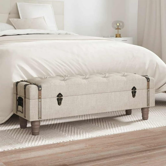vidaXL Storage Bench 43.7" Cream Solid Wood Fir&Fabric
