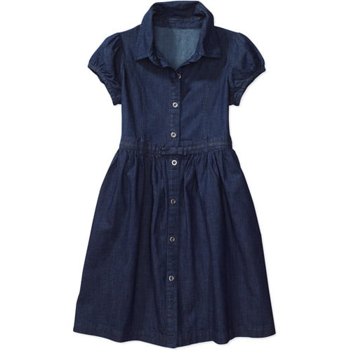 George - Girls' Cap-Sleeve Denim Shirt-Dress - Walmart.com