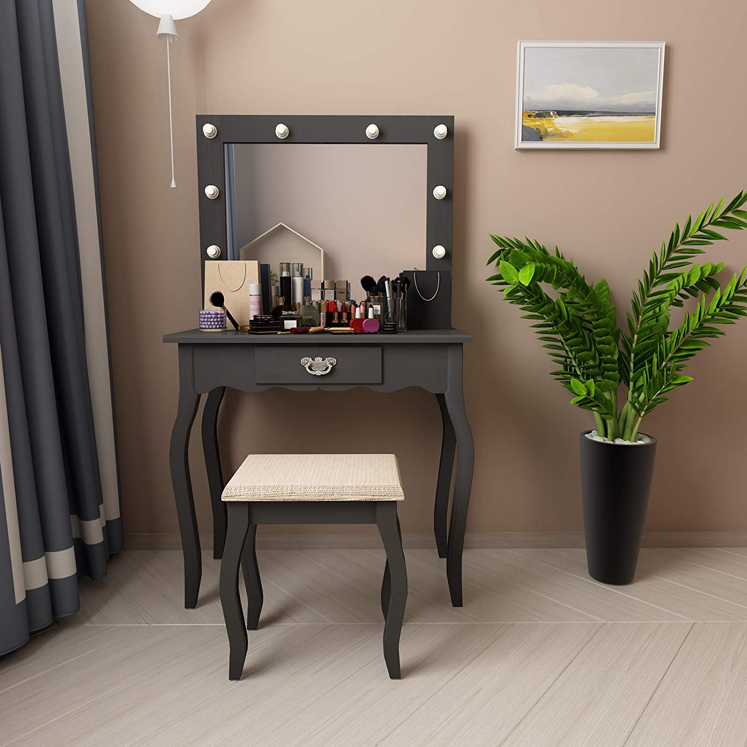 Mecor Vanity Table with Lighted Mirror,Makeup Table with Drawer Wood 