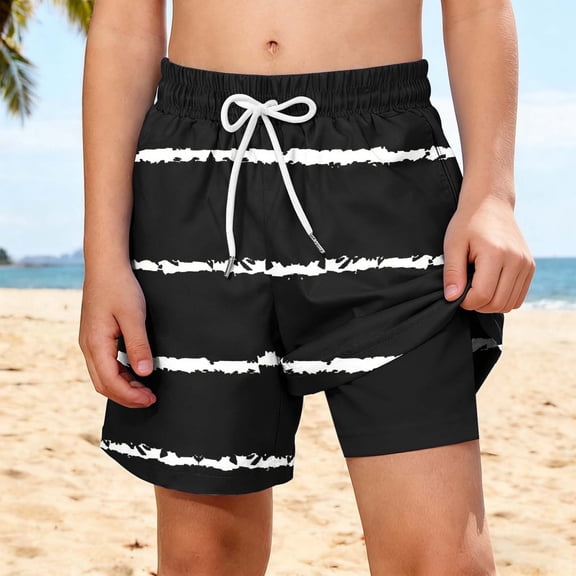 ATOGUTA Boy Swim Shorts with Liner Bathing Suits Summer Quick Dry Swimwear Swim Trunks Size 5T-14, Black