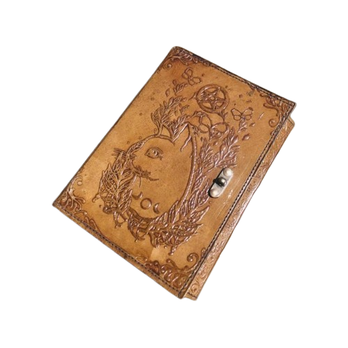 Handmade Leather Journal with Moon & Nature Embossed Design – 5x7 Inch Vintage Deckle Paper Notebook, 200 Pages