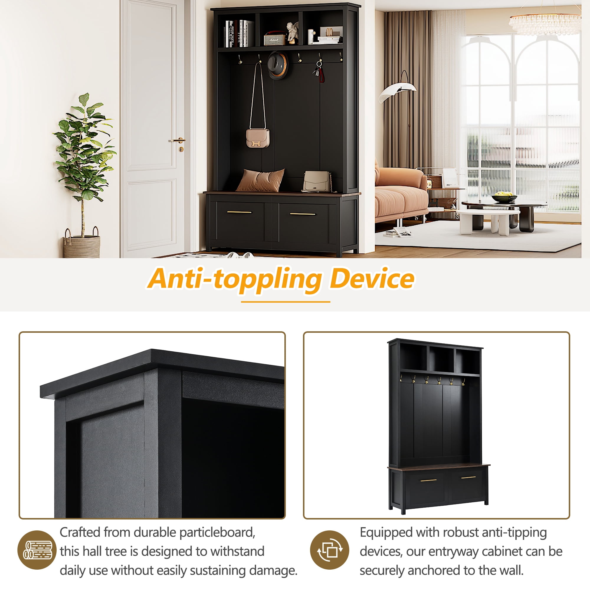 Mintazer 76.6"H Entryway Hall Tree with Bench & 2 Storage Drawers, 4-in-1 Entryway Organizer with Open Hutch Cubbies & 6 Golden Hooks for Mudroom Hallway, Black