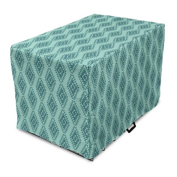 Ethnic Dog Crate Cover, Abstract Geometric Inspired Modernized Continuous Pattern, Easy to Use Pet Kennel Cover Small Dogs Puppies Kittens, 7 Sizes, Almond Green Cadet Blue, by Ambesonne