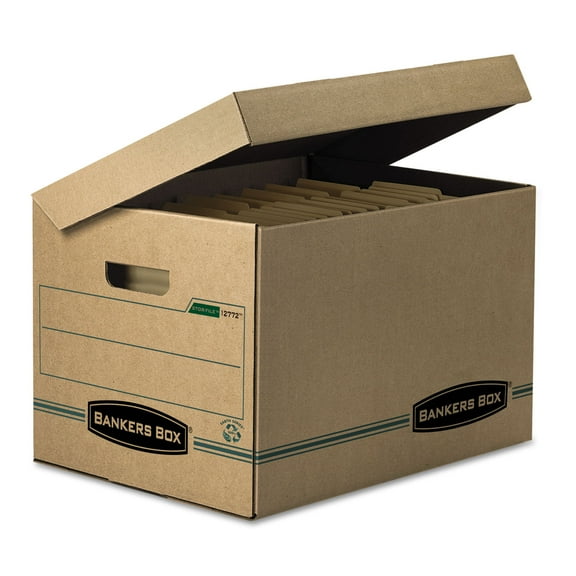 Bankers Box 12772 SYSTEMATIC Basic-Duty Attached Lid Letter/Legal Storage Boxes - Kraft/Green (12/Carton)