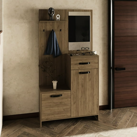 75" Tall Hall Tree With Mirrored Touch, Oak Console Table For Entryway, Three Shelves, Two Cabinets, One Drawer, Living Room Element Console, Entryway Practicality, Furniture