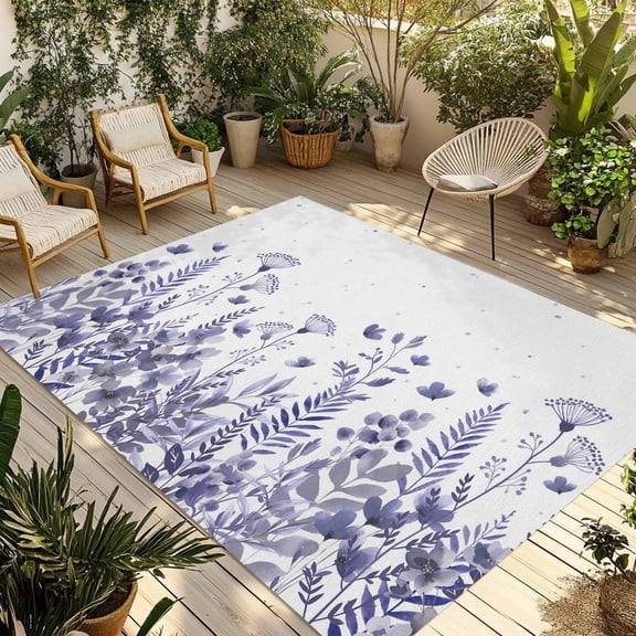 Purple Spring Floral Outdoor Rug for Patio/Deck/Porch, Non-Slip Large Area Rug 5 x 8 Ft, Watercolor Elegant Pastoral Flowers Indoor Outdoor Rugs Washable Area Rugs, Camping Rug Carpet Runner