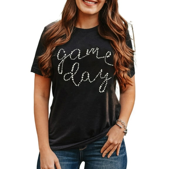 Women's Black Shiny Rhinestone Game Day Crewneck T-Shirt | [ZhiHiMeRi] | (US 20-22)2XL