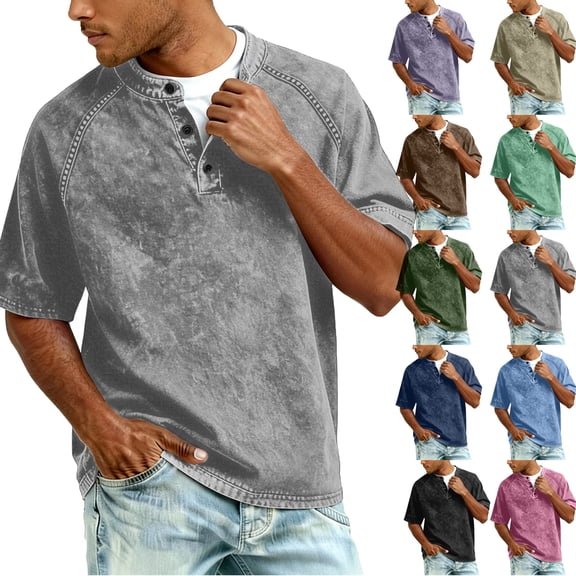 Men's Distressed Henley Shirts Acid Wash Polo Shirt Vintage Short Sleeve Button Down Tops Casual Washed Basic T-Shirt (Beige,L)