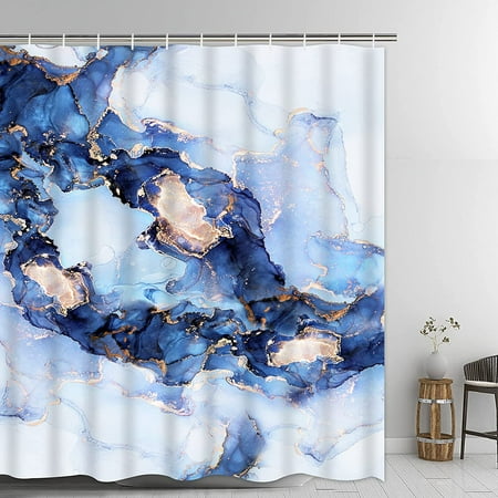 Marble Shower Curtain Modern Abstract, Light Blue And Gold Shower Curtain
