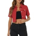 thumbnail image 1 of Chaqueta de mezclilla recortada para mujer INSPIRE CHIC, de manga corta, con botones, color burdeos, 1 of 6