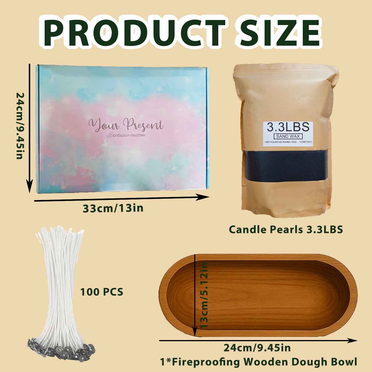 Pearled Candle Sand Gift Set with Wicks,3.3 lbs Sand Wax Candle Kit:Wooden Dough Bowl,100 Wicks,Scented Oil,Up to 360 Hours Burn Time,Non-Toxic,Reusable Candle Making Kit,Black