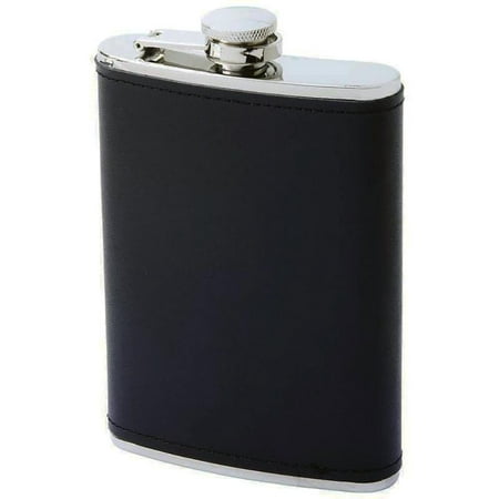 Flask 8 oz Stainless Steel w/ Black Genuine Leather Wrap Screw Cap Liquor Hip