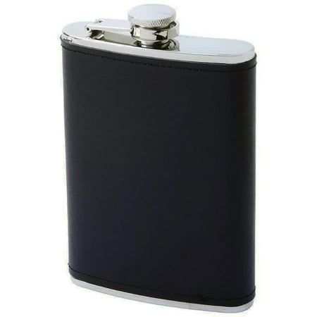 Flask 8 oz Stainless Steel w/ Black Genuine Leather Wrap Screw Cap Liquor Hip (Best Man Hip Flask Message)