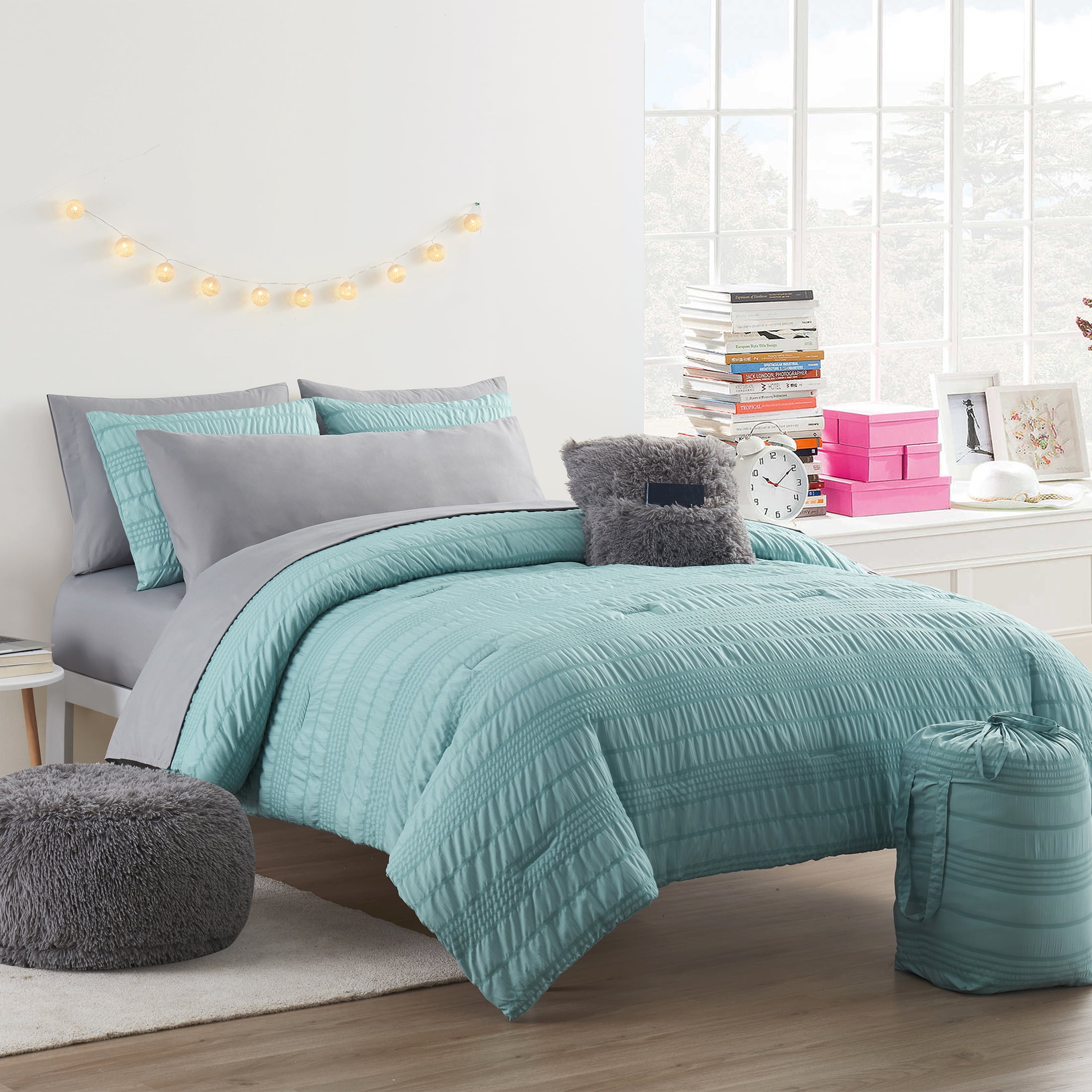VCNY Home Ultimate Bedding Bundle 10-Piece Teal Seersucker Textured Bed in a Bag, Twin/Twin XL