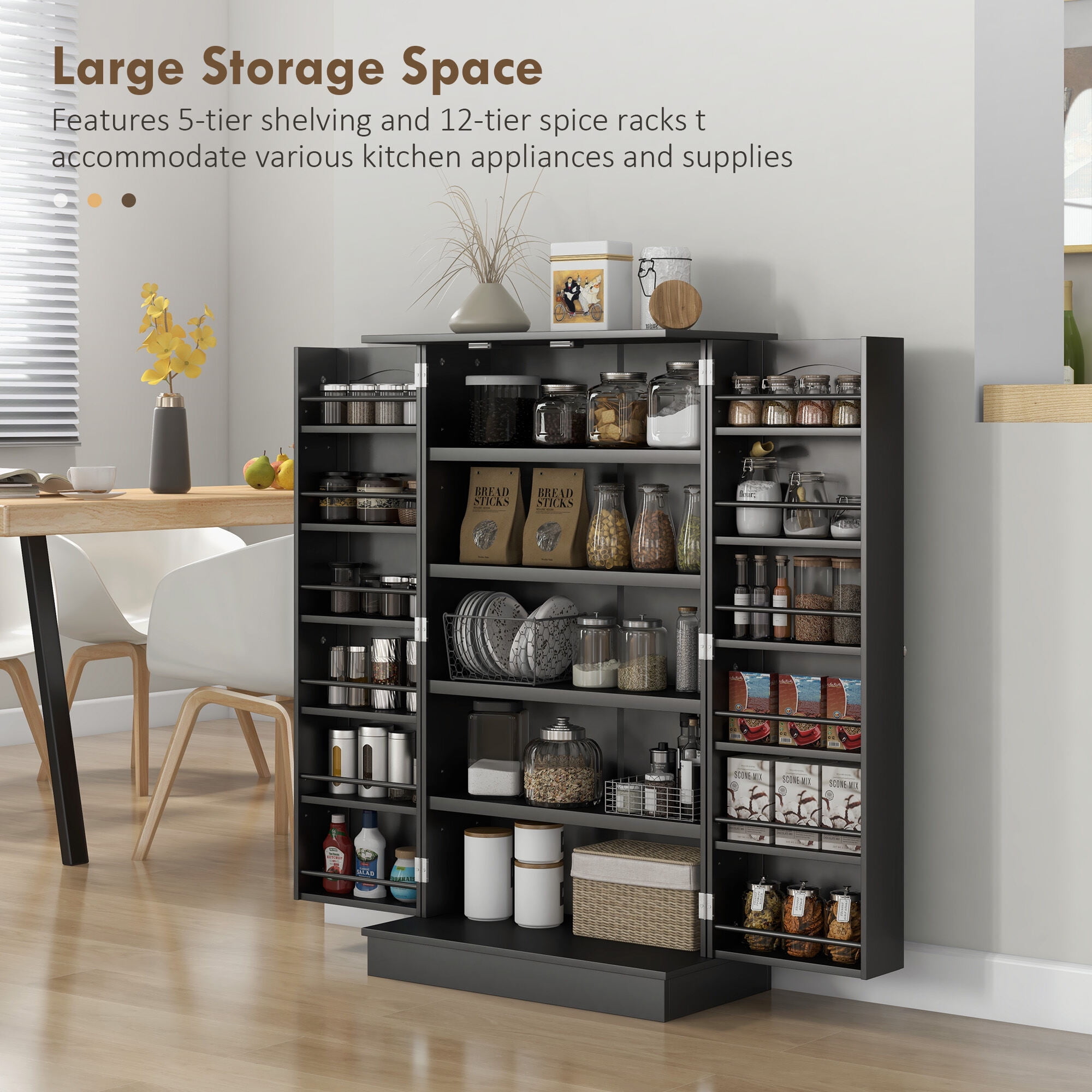 Dining Room Server HOMCOM 41" Kitchen Pantry Storage Cabinet, Freestanding Kitchen Cabinet with 12 Door Shelves, Double Doors, 5-tier Shelving and Adjustable Shelves, Black,Sideboard For Dining Room