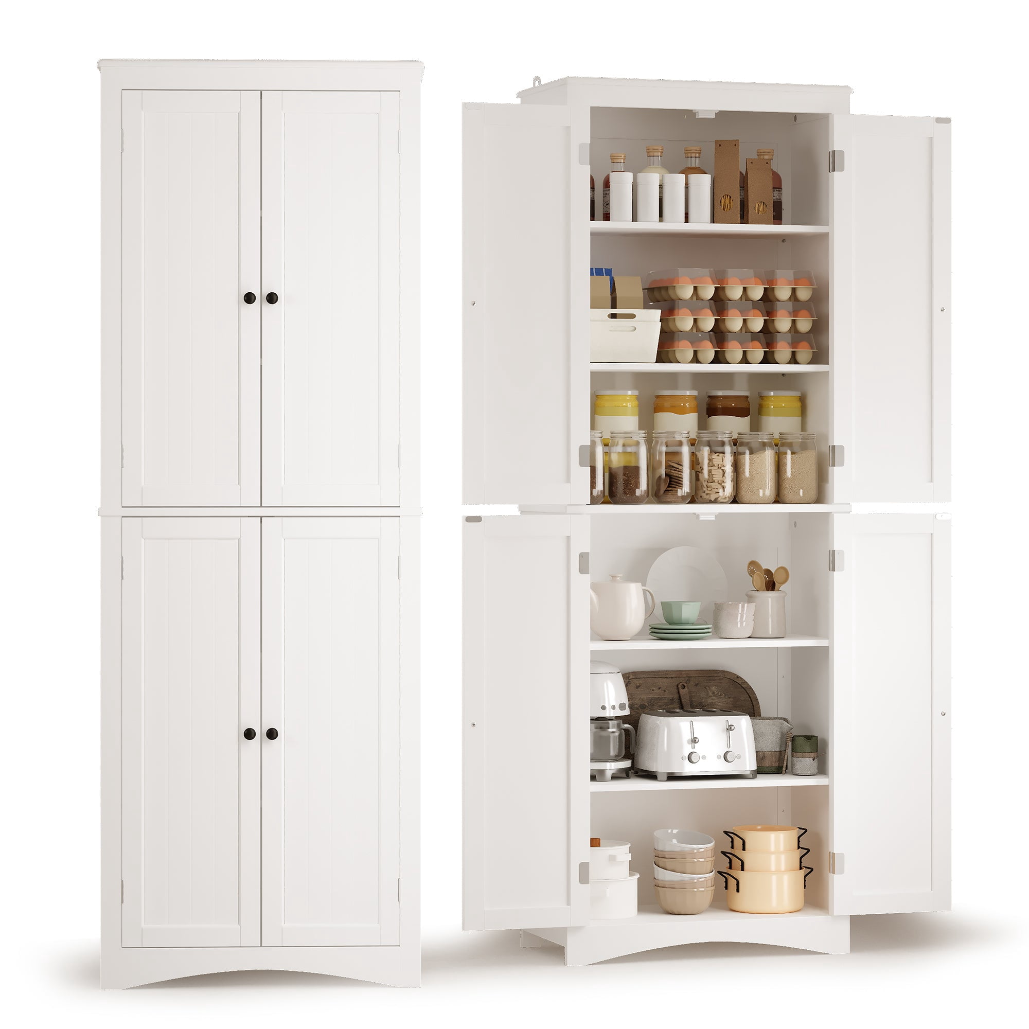 Aiho 66.9" Bathroom Storage Cabinet, Freestanding Wooden Linen Cabinet with 4 Doors & Adjustable Shelves for Bathroom, Kitchen, White