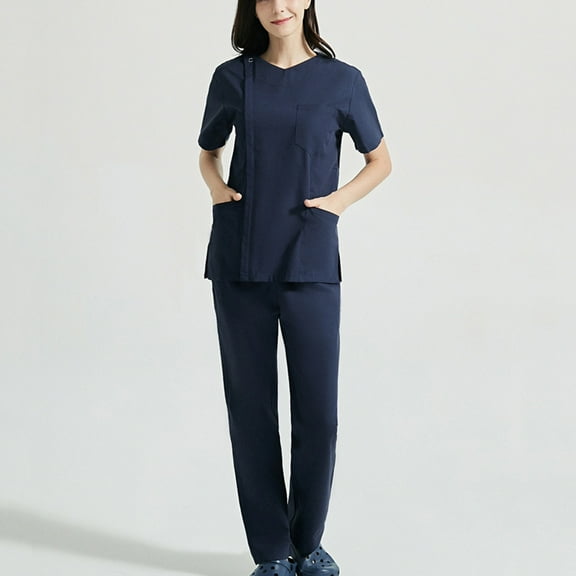 Usmixi Holiday Scrubs Set for Women Womens 2 Piece Nursing Uniform Sets V Neck Short Sleeve Pocket Nurse's Tunic Top and Long Pant Lounge Set Casual Solid Scrubs Set up to 60% off