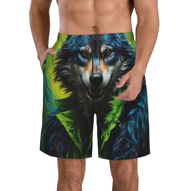 Fotbe Realistic Style Wolf Warrior Trajes de Baño Estampados para Hombre, Shorts de Verano de Secado Rápido, Ropa de Playa, Bañadores-Small