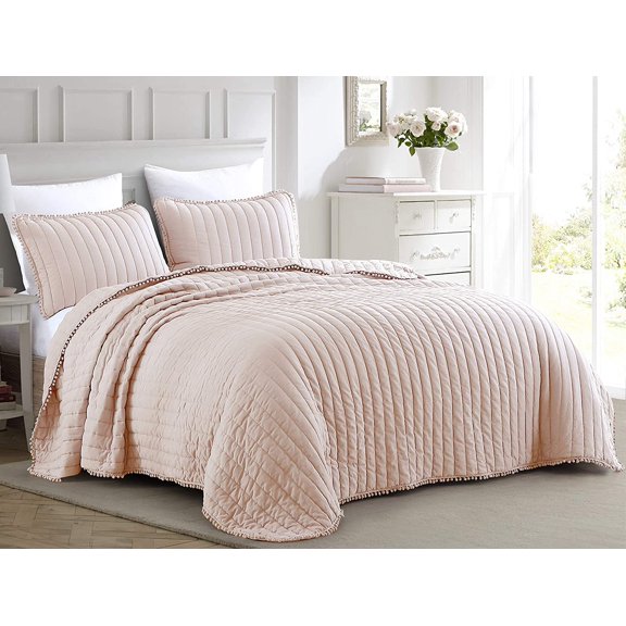 Chezmoi Collection Iris 2-Piece Channel Stitch Quilt Set, Pre-Washed Pom Poms Fringe Bedspread Coverlet, Twin, Pink
